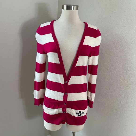 Y2K Hollister Womens Large Striped Cardigan Sweater Pink White Knit Button Up - Picture 1 of 8